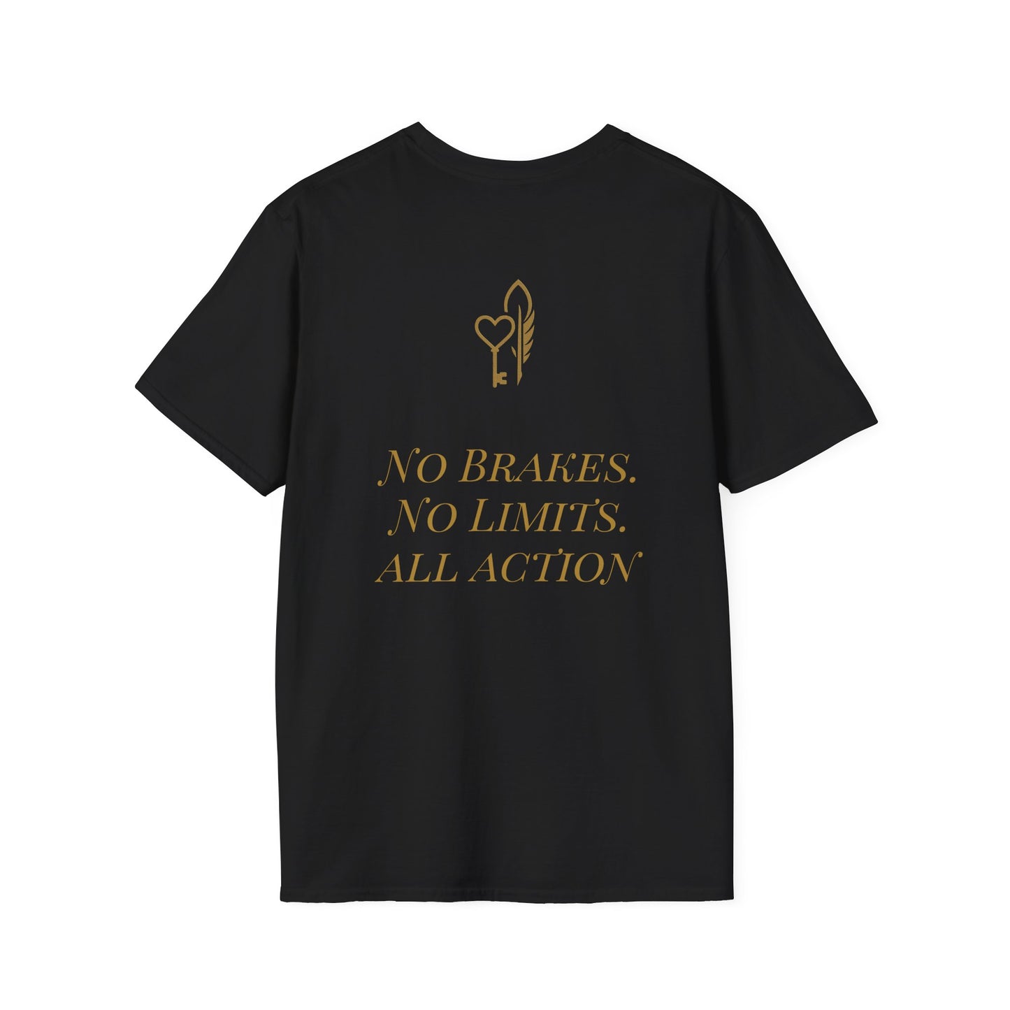Inspirational Unisex Softstyle T-Shirt - 'No Brakes. No Limits. All Action.'