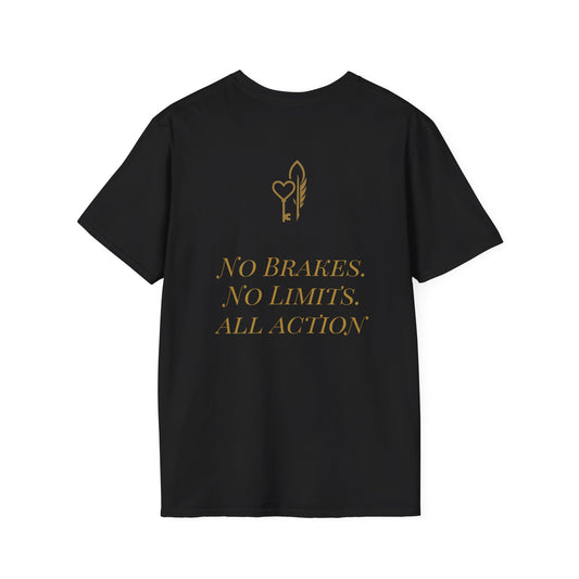 Inspirational Unisex Softstyle T-Shirt - 'No Brakes. No Limits. All Action.'